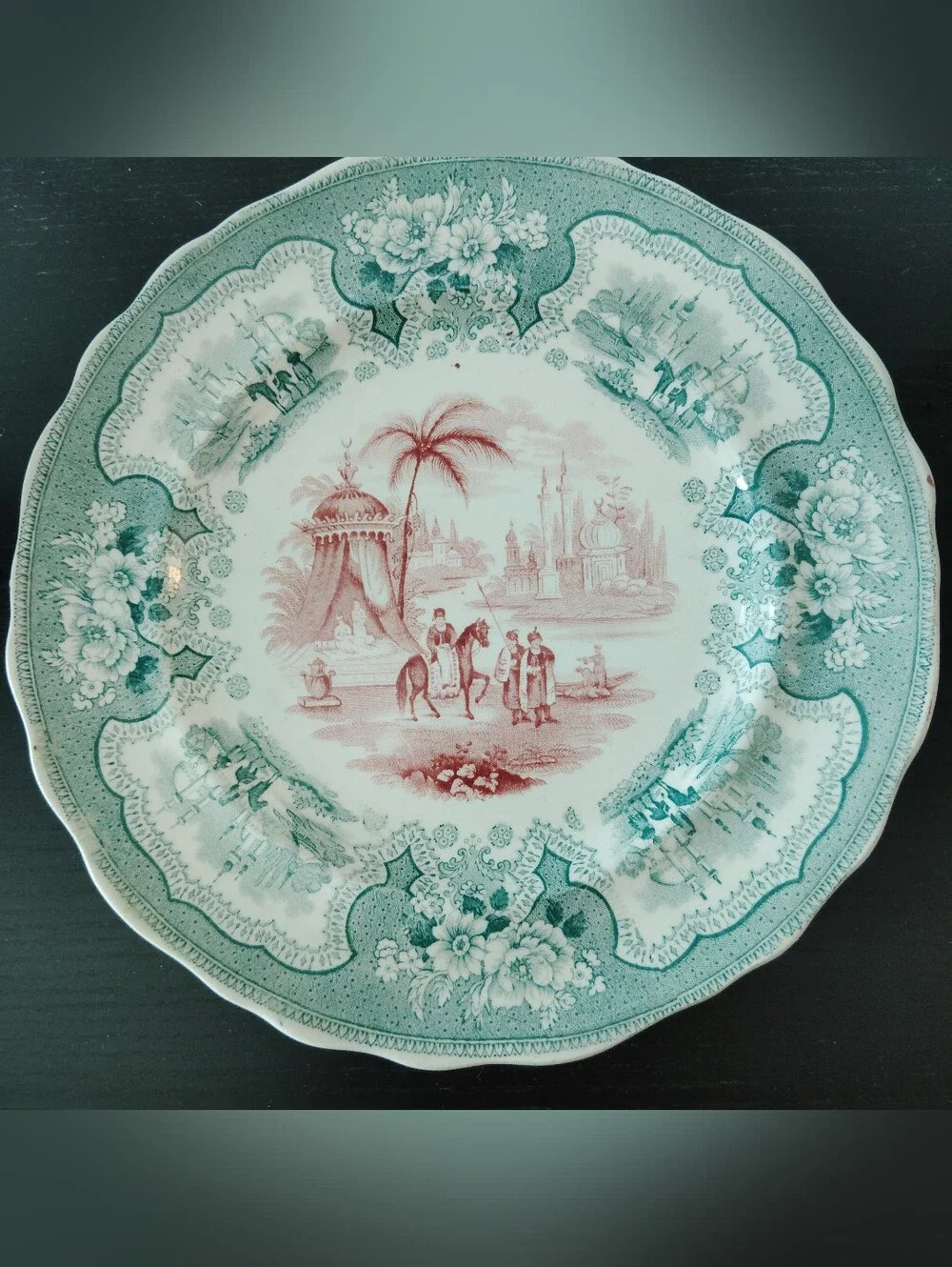 Adams Palestine Red Green Antique Transferware Plate 8.5